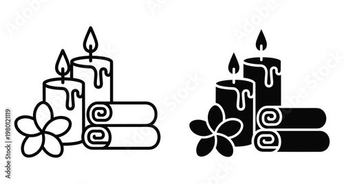 Spa wellness icon set featuring lit candles with dripping wax rolled towels and frangipani flower in outline and solid styles