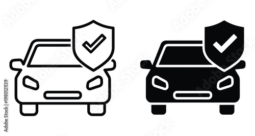 Car insurance icon set showing vehicle protection with shield and checkmark symbol for automotive security safety and transport service coverage
