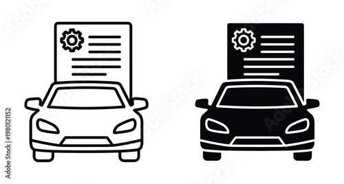 Car maintenance document icon set showing vehicle service history report with gear symbol for automotive repair insurance and technical manual