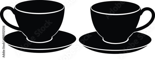 Two black silhouette coffee cups with saucers on white background