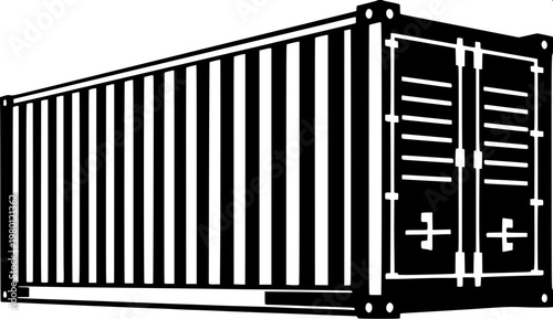 “Side-view vector drawing of a freight container hanging from a crane hook, high-contrast minimal design.”