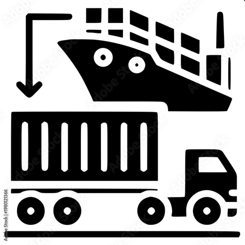 “Side-view vector drawing of a freight container hanging from a crane hook, high-contrast minimal design.”