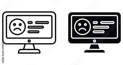 Computer monitor icon showing sad face and text lines representing negative feedback user experience error message and customer dissatisfaction online