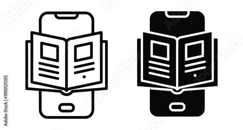 smartphone mobile phone digital reading ebook online library education learning news magazine newspaper application interface icon set outline solid style