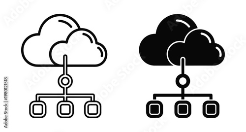 Cloud computing network architecture icon set with data storage server connection and web hosting infrastructure symbols for digital technology systems