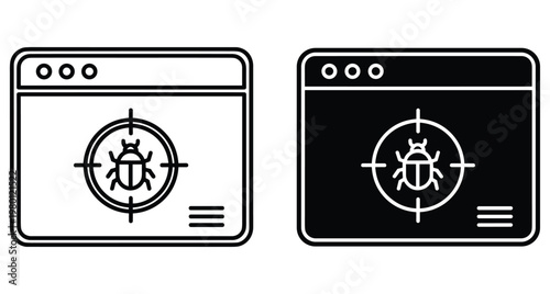 Software bug tracking and vulnerability scanning icons showing browser window with target crosshair and beetle insect for web security testing