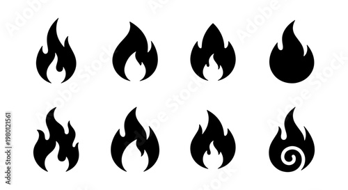 Minimalist fire flame icon set, black silhouette bonfire symbols, collection of 8 vector heat and energy signs for logo design and UI