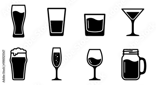 Minimalist beverage glassware icons, set of 8 black drink glass silhouettes, modern barware and cocktail glassware vector elements for menu design