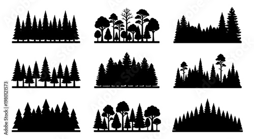 Black forest silhouette collection, set of 9 pine tree and woodland landscape vectors, coniferous and deciduous timberline horizon icons for outdoors design