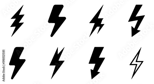 Lightning bolt icon set with 8 black vector elements. Thunder bolt symbols for power and energy. Minimalist electric flash and storm strike graphics.