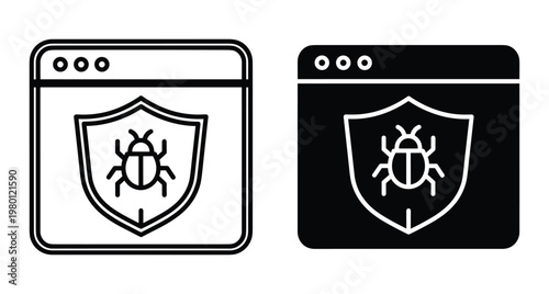 Web browser security icon set featuring shield and bug symbol for antivirus malware protection software testing and cyber defense concepts