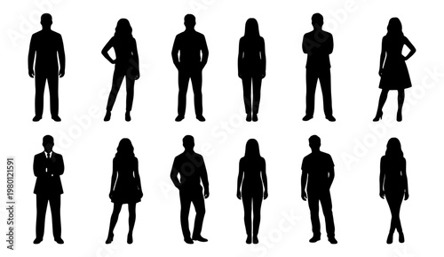 Professional people silhouettes set, 12 business men and women standing figures, black human body outlines, corporate group vector icons