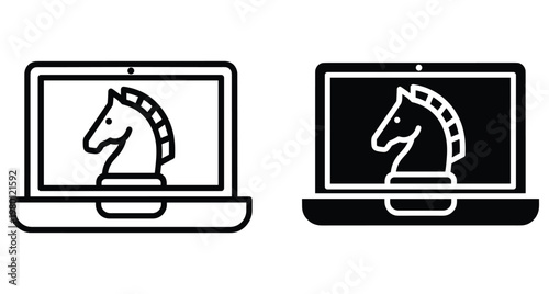 Laptop computer icon set with chess knight horse on screen representing digital strategy online gaming cybersecurity trojan horse and business planning