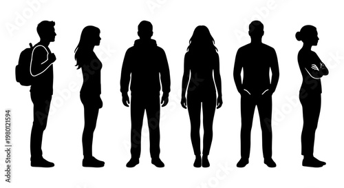 Black silhouette people collection, standing men and women group vector, diverse human figures in profile and front view, casual crowd set