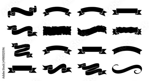 Vintage black ribbon banners set, 16 decorative silhouette scrolls and curved flags, classic heraldic ribbon elements for graphic design