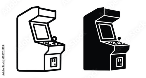 Arcade machine game console icon set with joystick and screen in outline and solid black silhouette styles for gaming design