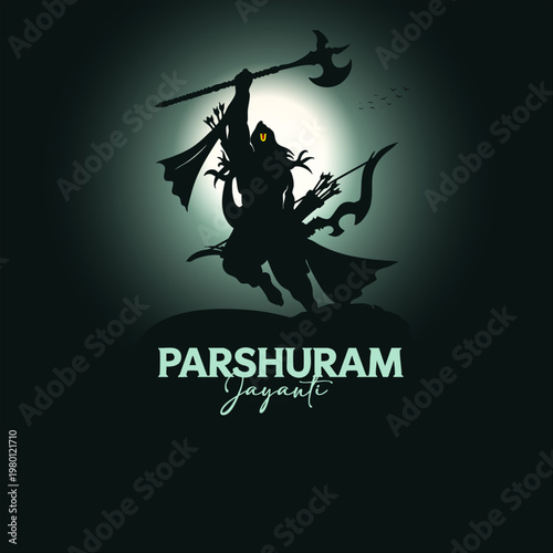 Parshuram Jayanti illustration with silhouette of the warrior deity holding an axe and bow against a glowing moon background