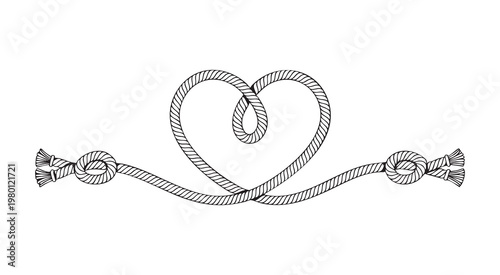 Heart shaped knot made of nautical rope with decorative ends and knots on white background vector