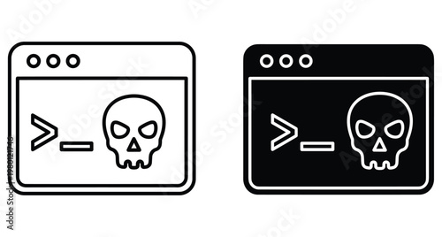 Cyber security hacking icon set featuring terminal window with skull symbol representing malware virus attack data breach and system vulnerability