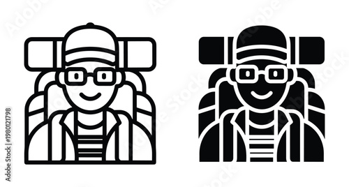 Backpacker icon set featuring a male traveler wearing a cap and glasses with a large hiking rucksack and camping gear for adventure