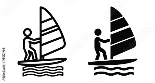 Windsurfing icon set featuring a person sailing on a board over waves in both outline and solid silhouette graphic styles