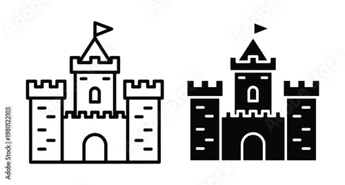 Medieval castle fortress icon set featuring outline and solid silhouette styles with towers flags battlements and arched entrance gates for design projects