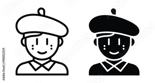 Artist character icon set featuring a person wearing a beret hat in line and solid styles for creative design projects