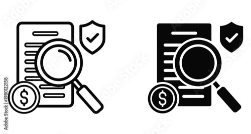 Financial audit icon set featuring document magnifying glass dollar coin and security shield for tax inspection business compliance and money review