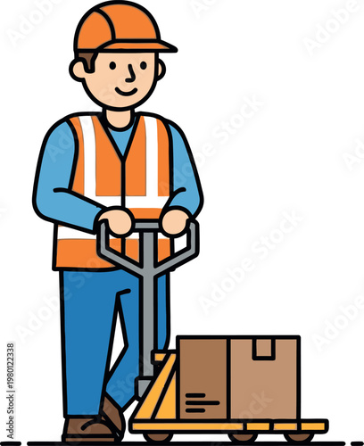 Warehouse worker illustration featuring a professional operator in a reflective safety vest and orange hard hat standing while pulling a heavy cargo pallet jack with cardboard boxes in a flat vector g