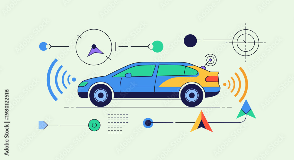 Naklejka premium A blue and yellow car with various technical drawings around it isolated on transparent background, isolated on white background, Vector