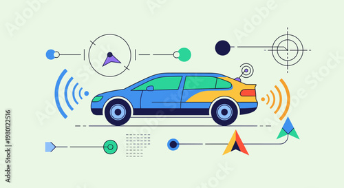 A blue and yellow car with various technical drawings around it isolated on transparent background, isolated on white background, Vector