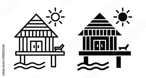 Tropical water bungalow icon set featuring beach hut on stilts over ocean waves with sun and lounge chair symbols for travel