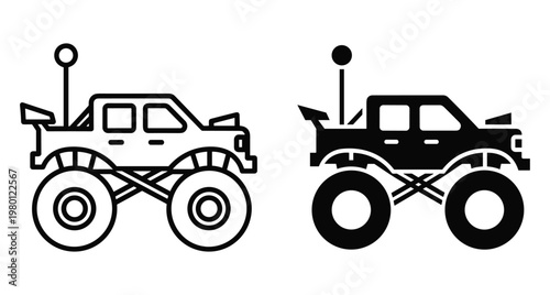 Monster truck toy remote control car icon set featuring big wheels and antenna for off road racing and hobby play