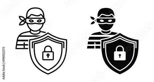 Thief icon with security shield and padlock representing protection against burglary crime prevention safety measures for digital and physical assets