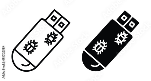 USB flash drive icon with bug symbols representing computer virus malware infection cyber security threat digital data storage risk set