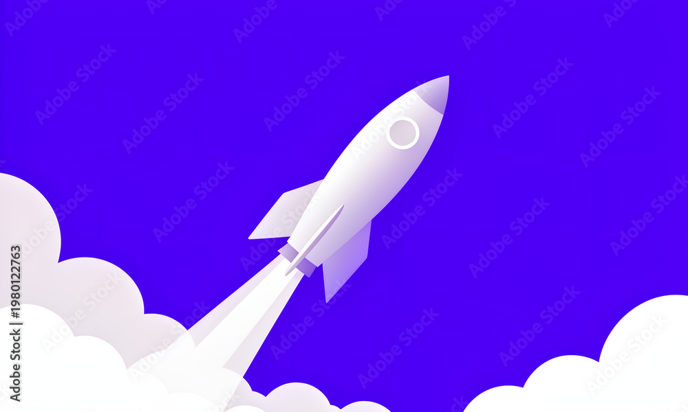 Fototapeta premium White Rocket Launching Upward Through Clouds Against Vibrant Blue Sky