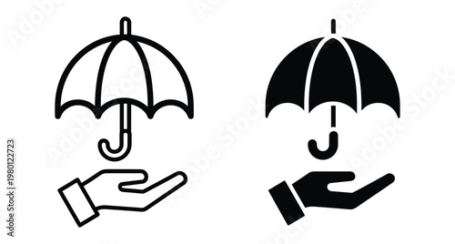 Insurance icon set showing hand holding umbrella for protection safety security coverage business finance risk management care support and reliability