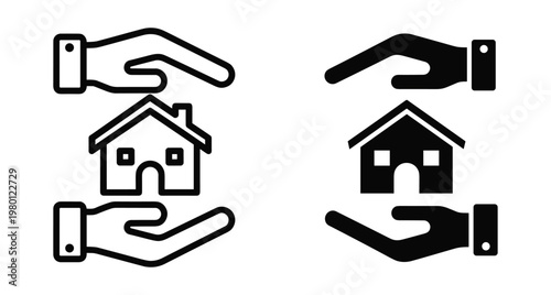 Home insurance icon set showing hands protecting a house for real estate security property safety and mortgage protection services