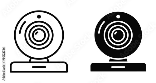 Webcam icon set featuring outline and solid black styles for video conferencing digital communication online meetings streaming and computer hardware