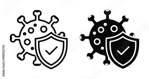 virus protection icon set featuring microbe cell and shield with checkmark symbol for immune system health and medical safety