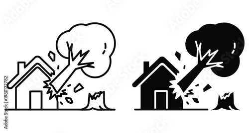 Tree falling on house roof icon set representing natural disaster property damage insurance claim storm destruction residential building accident emergency