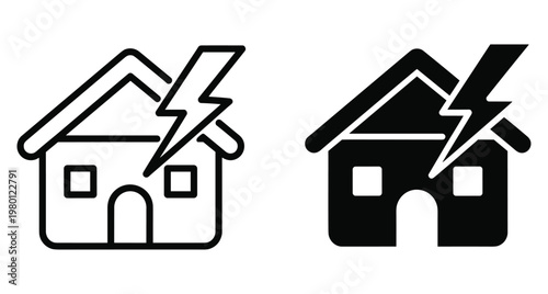 House lightning strike icon set showing electrical power surge damage or renewable energy solar charging for residential building property safety