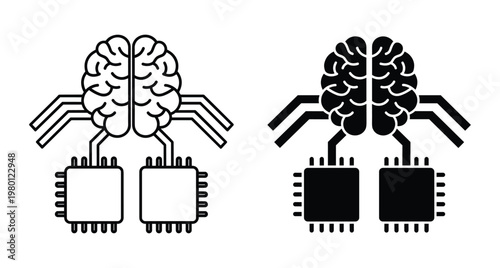 Brain connected to microchips representing neural networks machine learning cognitive computing data processing digital intelligence technology interface hardware software system