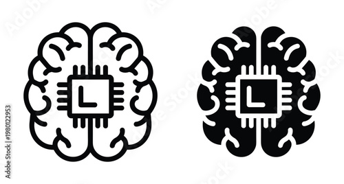 Human brain with computer chip processor icon set representing artificial intelligence machine learning digital mind technology and cognitive computing science