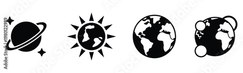 Black and white solar system and celestial bodies icons set for education and science