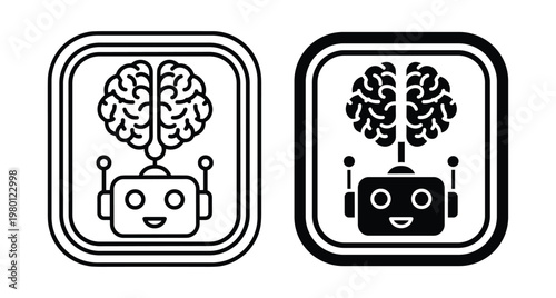 Robot head with human brain icon set representing artificial intelligence machine learning cognitive computing digital mind and smart automation technology