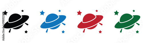 Set of four colorful flying saucers with stars in minimalist flat design illustration