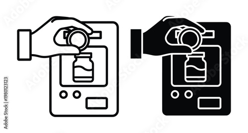 Hand inserting coin into vending machine to purchase jar of food or medicine in outline and solid icon styles