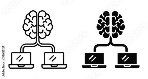 Brain connected to two laptops representing machine learning neural network data processing technology and digital intelligence for modern computing systems