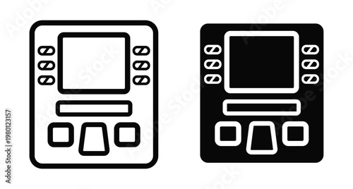 ATM machine icon set with outline and solid styles for banking finance transaction cash withdrawal automated teller terminal interface design